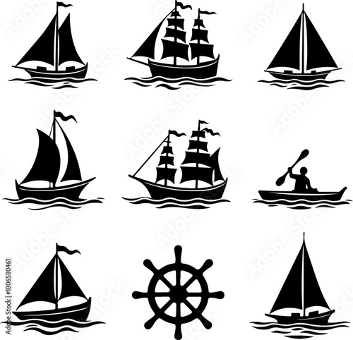 Nautical Sailboat and Ship Silhouette Icon Set