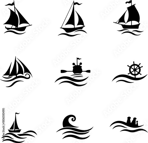 Nautical Sailboat and Ship Silhouette Icon Set