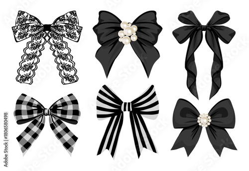 Black Bow Clipart Set, Elegant Lace, Ribbon, Pearl, Gingham, and Striped Vector Ribbons
