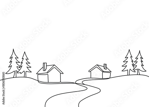 Minimalist Winter Village Illustration with Houses Trees and Path Line Art Drawing Style Simplicity and Elegance for Creative Projects