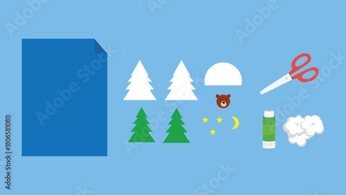 Set of colored paper, scissors, and Christmas trees with threads