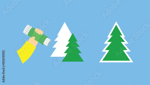 A hand with glue makes Christmas trees out of paper. Vector illustration in flat style