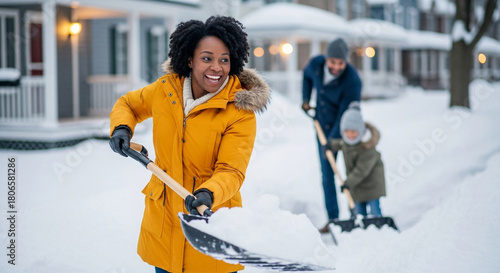 A family shoveling snow together, smiling mother clearing path with child and partner, teamwork and winter activity in residential neighborhood