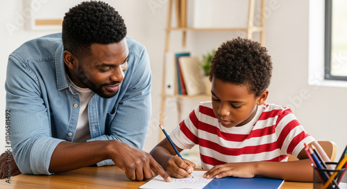Father helping son with schoolwork in home office, educational guidance and family bonding