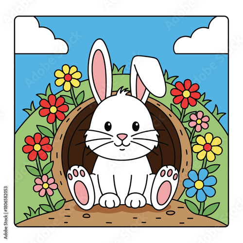 Cute White Cartoon Bunny Sitting in its Burrow Surrounded by Colorful Flowers