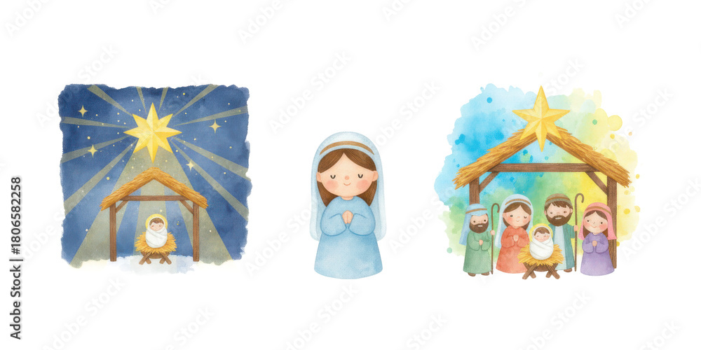 Obraz premium Nativity scenes with stable, star, and baby Jesus in manger