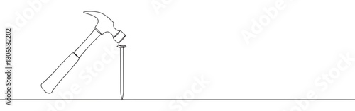 A continuous one-line drawing of a hammer striking a nail, representing construction, work, and precision