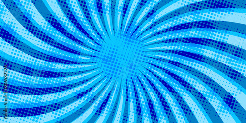 Comic background. Pop art texture. Starburst cartoon style. Anime design with explosion effect for print. Fun dot pattern. Blue backdrop with halftone gradient. Funny line frame. Vector illustration