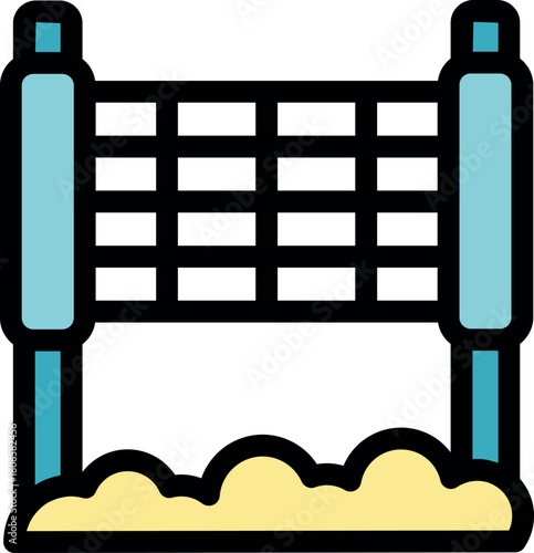 Volleyball net set up on a sandy beach court, awaiting a summer game