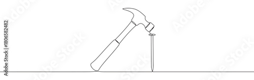 A continuous one-line drawing of a hammer striking a nail, representing construction, work, and precision