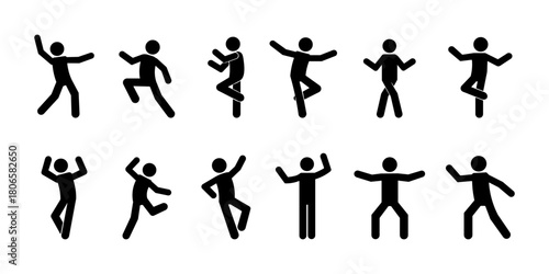 Stickman dance poses set, dancing stick figure silhouette collection, simple minimal vector people in various dance movements and energetic choreography positions.