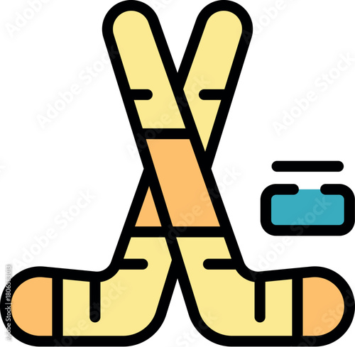 Crossed hockey sticks and puck symbolize the popular winter sport of ice hockey, ready for action on the ice rink