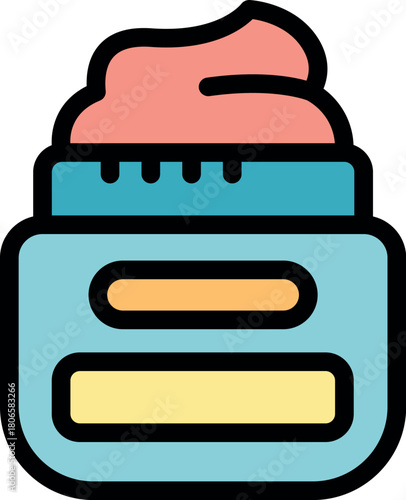 Pink cosmetic cream in a blue jar with measuring lines, perfect for beauty and skincare routines