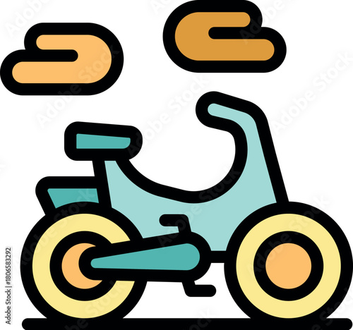 Minimalist vector illustration featuring a light blue scooter parked beneath stylized orange clouds, evoking a sense of carefree travel