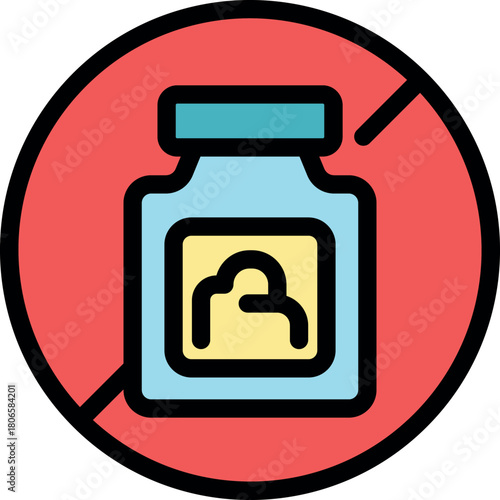 No drugs or medicine allowed, drugs prohibition concept, red crossed circle over drugs container