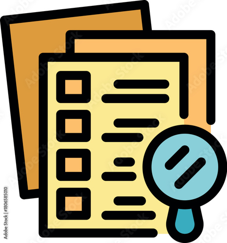 Magnifying glass analyzing documents with checkboxes and lines of text, symbolizing auditing or document verification