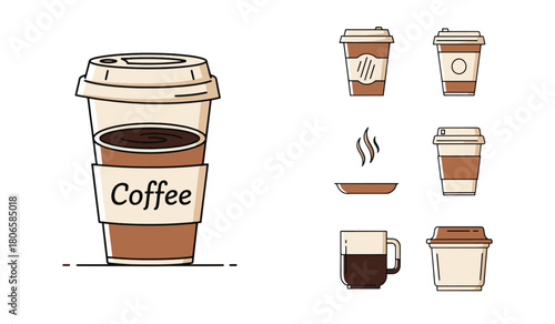 Hot Drink Icon Set – Coffee, Tea, Latte, Cappuccino, Mug, Beverage Vector Illustrations