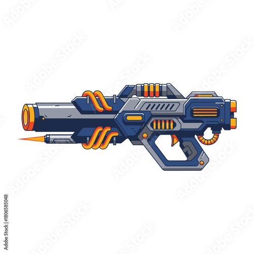 Futuristic blaster weapon with vibrant orange energy, perfect for sci-fi games and space adventures, originally a scalable vector graphic