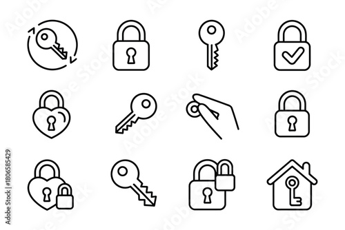 A collection of line art icons representing various locks and keys, signifying security and access concepts.