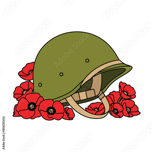 Remembrance Day tribute with military helmet and vibrant red poppies, a symbol of solemn respect and heartfelt gratitude for fallen heroes