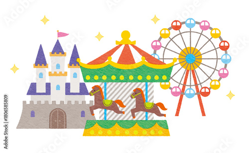 カラフルで楽しい遊園地のイラスト　観覧車　回転木馬　お城