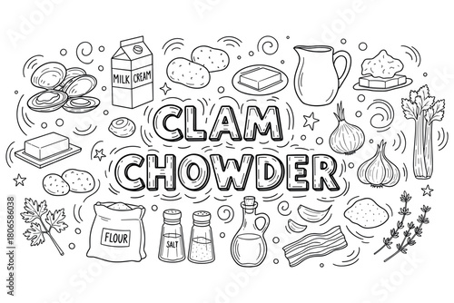 Clam chowder ingredients illustration with milk, potatoes, and herbs