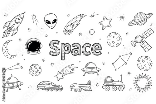 Space-themed doodle set with rockets, planets, and astronaut elements