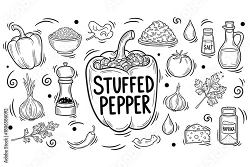 Black and white illustration of stuffed pepper and ingredients