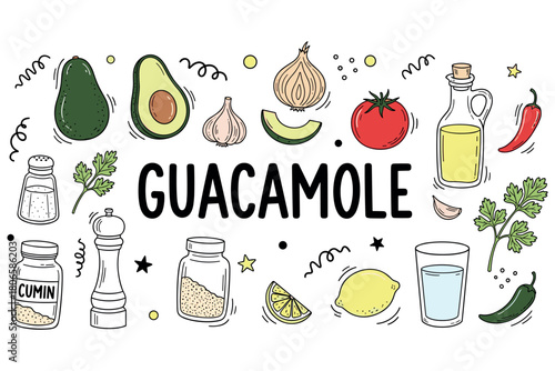Guacamole ingredients: avocado, tomato, onion, garlic, lemon, cilantro, cumin, chili, oil