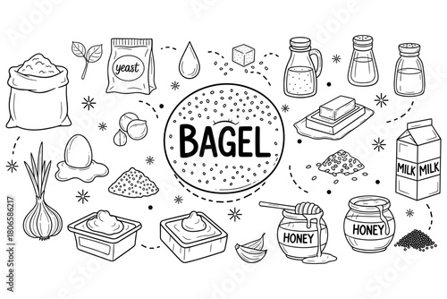 Bagel ingredients illustration: milk, yeast, honey, egg, flour, milk