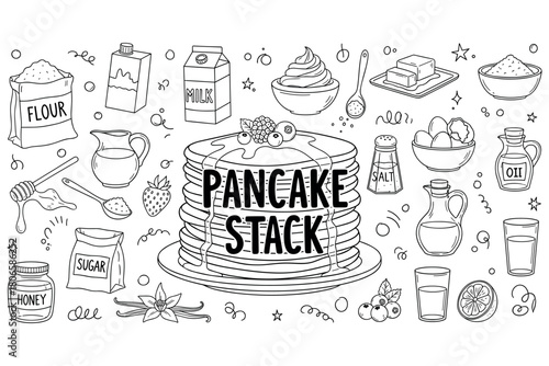 Delicious pancake stack with ingredients and toppings in line art style