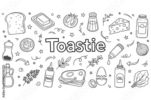 Ingredients and elements for a perfect sandwich: cheese, tomato, egg, and more