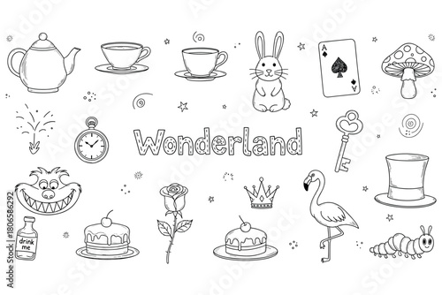 Wonderland doodle: teapot, bunny, key, flamingo, and more
