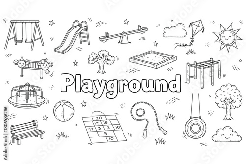 Children's playground doodles: swings, slides, games, and activities in black and white