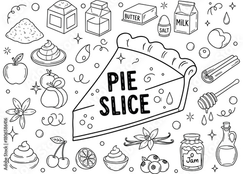 Hand-drawn pie slice illustration with ingredients and baking elements