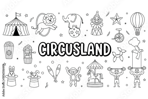 Circusland coloring page with tent, animals, clown, and acrobats for kids