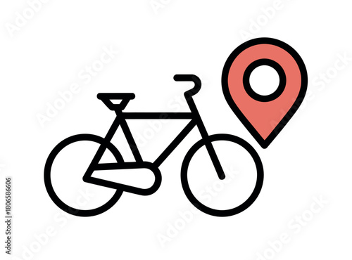 A simple line drawing of a bicycle is placed next to a map marker icon, symbolizing a cycling route or location.