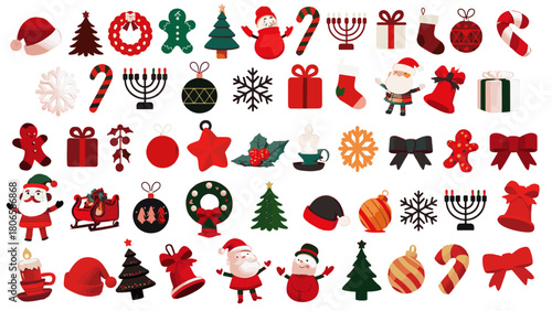 Set of vector red Christmas icons. Cartoon illustrator winter celebration set.