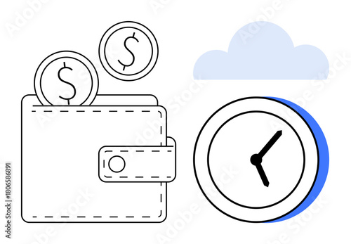 Wallet with coins, a clock, and a cloud highlighting saving money and time, cloud-based solutions, and financial planning. Ideal for finance, productivity, time management, online transactions cloud