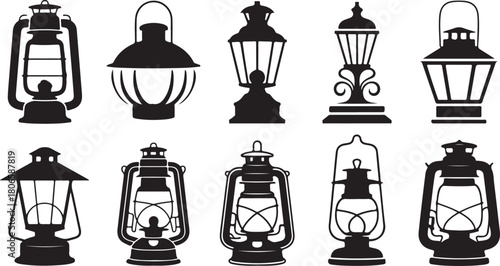 Assortment of Vintage Black Silhouette Lanterns and Lamps on White Background light antique