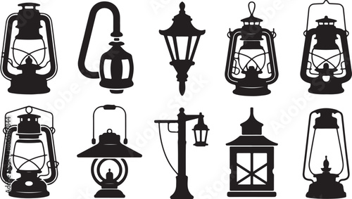 Assortment of Black Silhouette Lantern and Lamp Designs on White Background light illumination