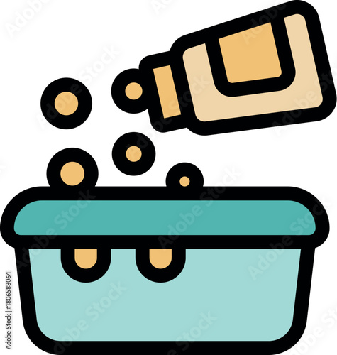 Liquid detergent pouring from a bottle into a basin, creating bubbles, ready for washing