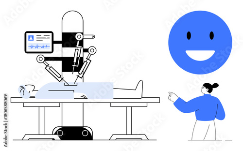 Robotic arms operate on a patient while monitored by a medical professional, accompanied by a smiling face. Ideal for innovation, healthcare, technology, precision, teamwork, improvement, progress