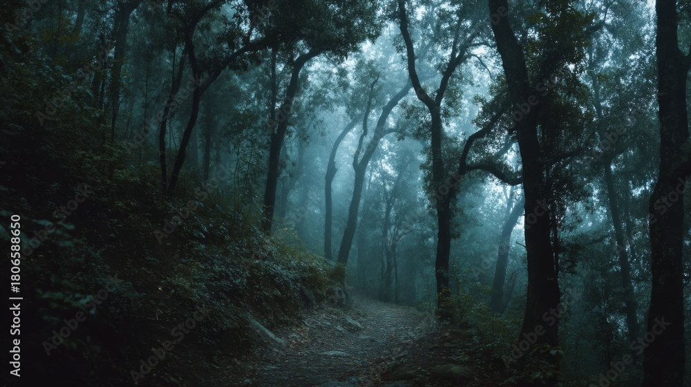 Fototapeta premium Dark dense forest in medieval Italy with tall twisted trees and faint mist