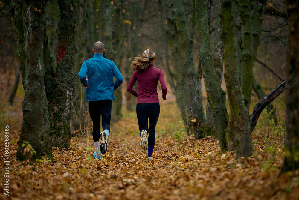 Naklejka premium Couple trail running across small wooden bridge beside shallow forest stream. Concept of tourism-outdoor branding, fitness storytelling, lifestyle posts and nature-based wellness.