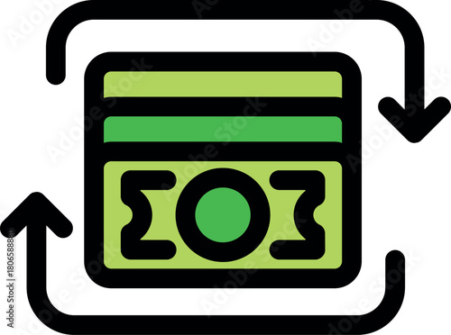 Credit card with rotating arrows symbolizing cashback reward program and financial transactions