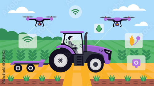 farmer in a tractor using drones for field monitoring, vector illustration for smart farming, agricultural automation and AI technology