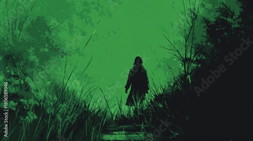 A solitary figure stands among lush green foliage under a vibrant green haze