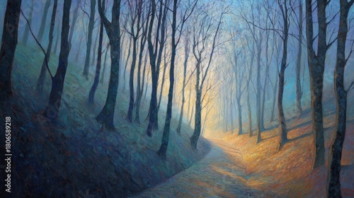Woodland path illuminated by dawn light transitioning from cool tones to warm hues