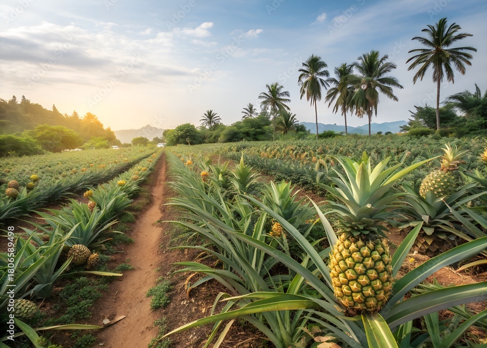 Obraz premium Expansive tropical pineapple plantation stretching towards the horizon under a golden sunset sky with palm trees